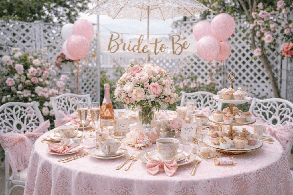 A beautiful outdoor setup with balloons in the background and a sign hanging that says "Bride-to-Be."