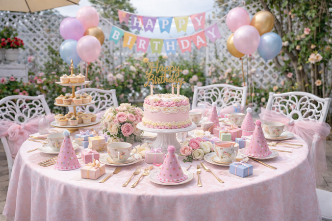 A fun outdoor table setup with a cake in the center and a sign in the back that says "Happy Birthday!"