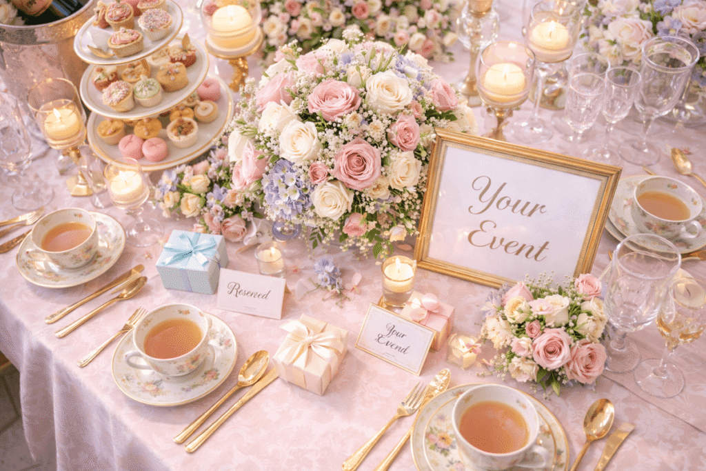 A beautiful and elegant custom event table set up with signs on the table that say "Your Event," "Reserved," and "Your Event." The table has a bouquet of flowers, pastries, and teacups.