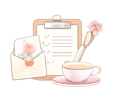 A clipboard with an envelope and a cup of tea illustration.